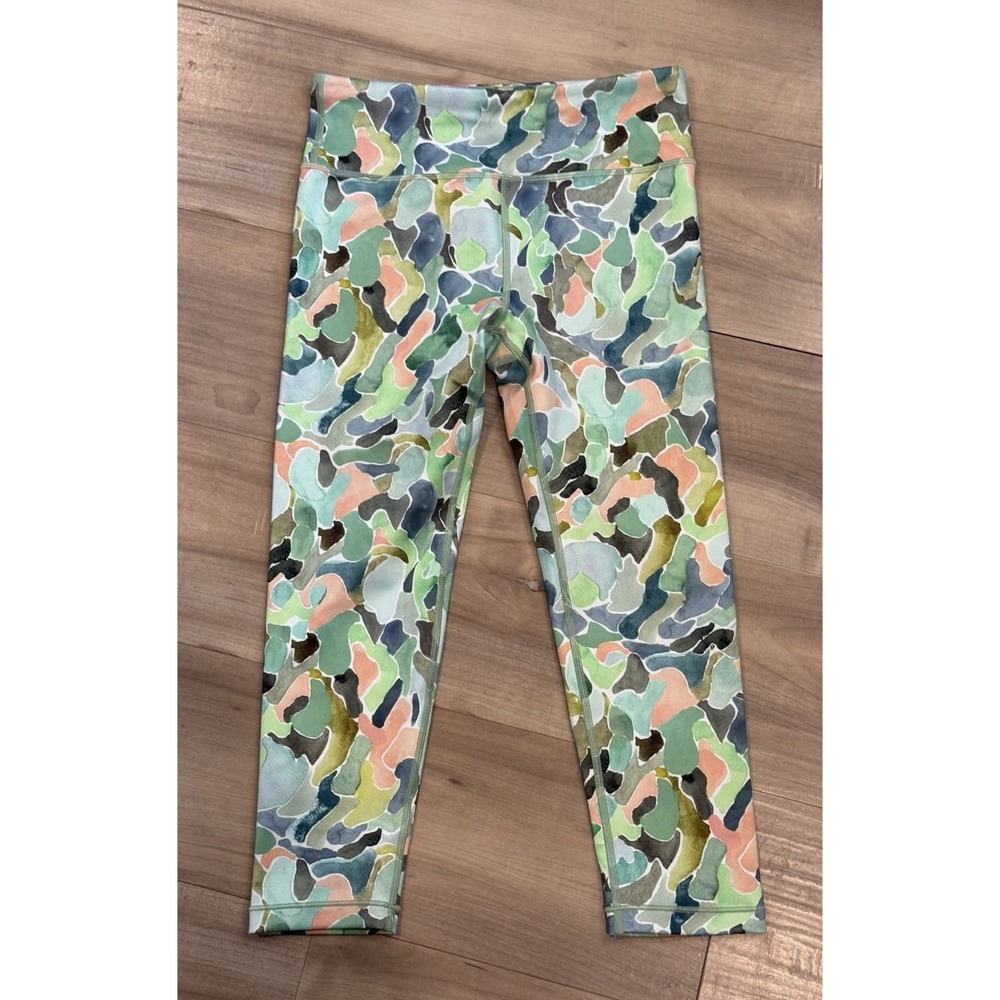 Athleta Girl High Rise Chit Chat Capri Leggings Green Abstract Size XL/14 - Picture 1 of 4